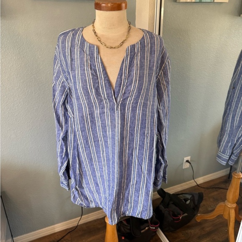 Ralph Lauren Blue and White Striped Split-Neck Tunic